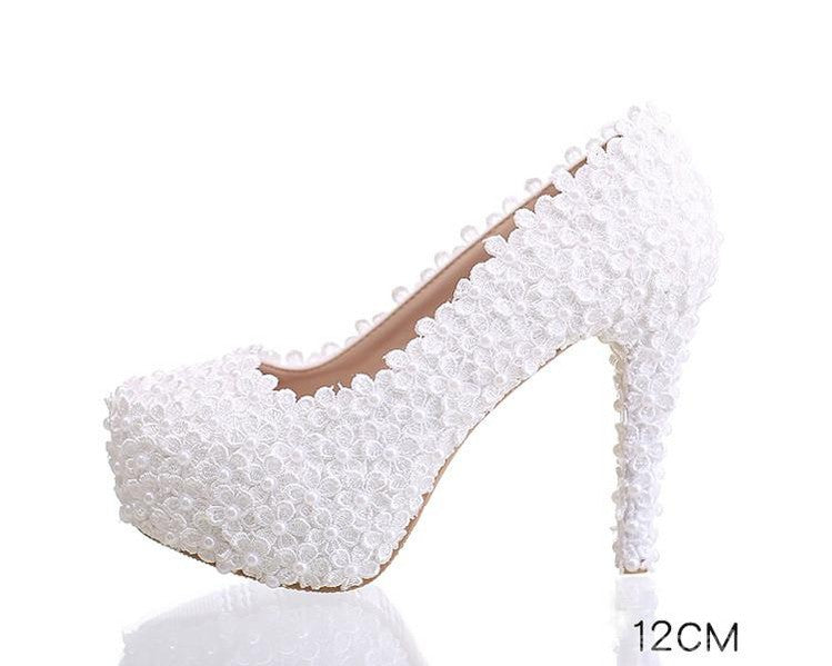 Pearls Lace Pointed Toe White High Heels Wedding Bridal Shoes, S016