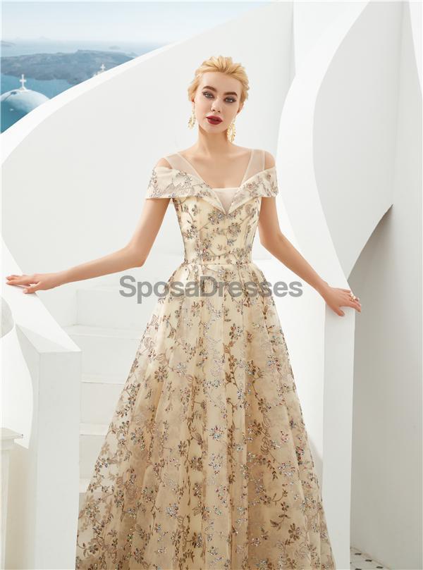 Off Shoulder Sparkly Gold Cheap Long Evening Prom Dresses, Evening Party Prom Dresses, 12125