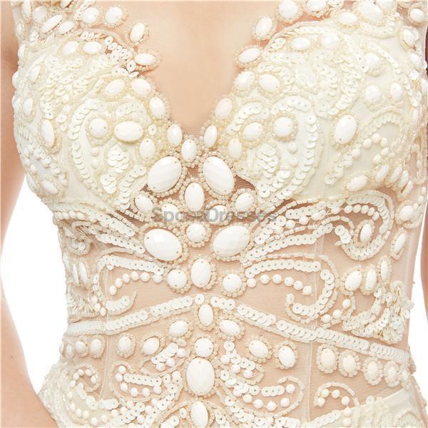 Off White Seen Through Scoop Lace Beaded Mermaid Evening Prom Dresses, Evening Party Prom Dresses, 12048