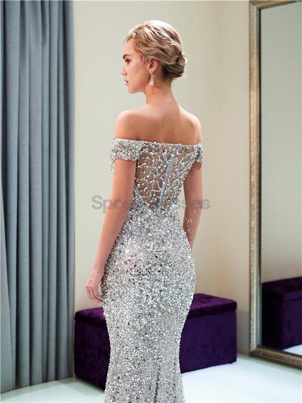 Off Shoulder Sparkly Heavily Beaded Mermaid Evening Prom Dresses, Evening Party Prom Dresses, 12034