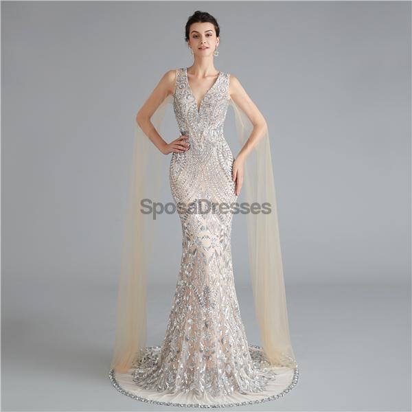 Col en V Unique Manches Sirène à Paillettes Soirée, Robes de Bal, Soirée Robes de Bal, 12118