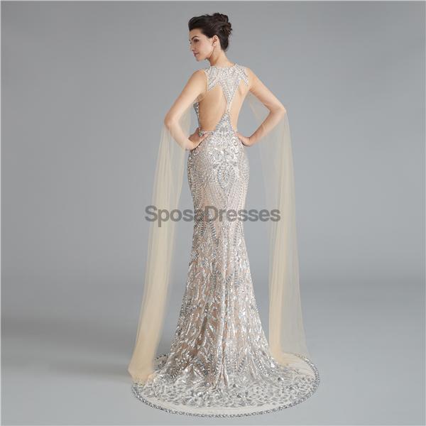 Col en V Unique Manches Sirène à Paillettes Soirée, Robes de Bal, Soirée Robes de Bal, 12118