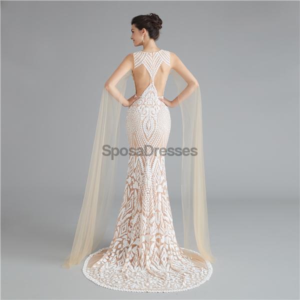 Col en V Unique Manches Sirène à Paillettes Soirée, Robes de Bal, Soirée Robes de Bal, 12118