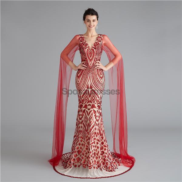 Col en V Unique Manches Sirène à Paillettes Soirée, Robes de Bal, Soirée Robes de Bal, 12118