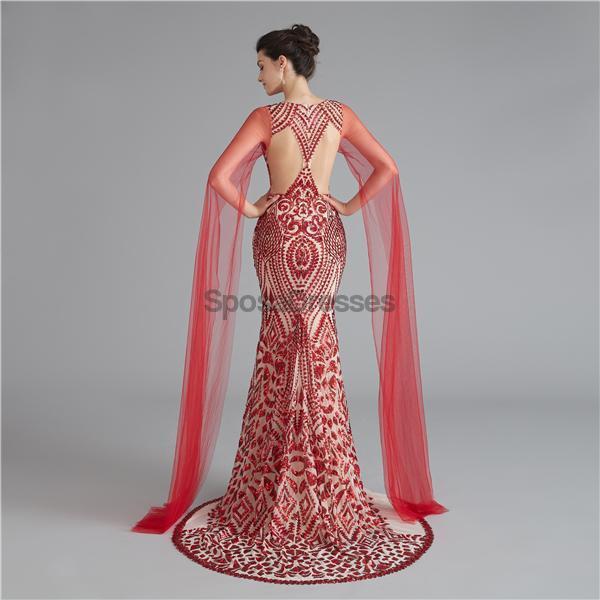 Col en V Unique Manches Sirène à Paillettes Soirée, Robes de Bal, Soirée Robes de Bal, 12118