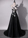 One Shoulder Handmade Flower Black A-line Long Evening Prom Dresses, 17624