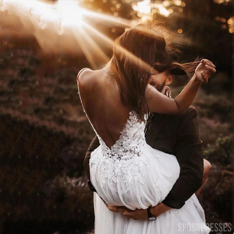 V Neck See Through Cheap Beach Wedding Dresses Online, Cheap Bridal Dresses, WD650