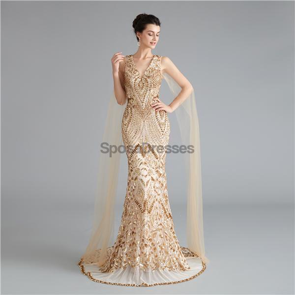 Col en V Unique Manches Sirène à Paillettes Soirée, Robes de Bal, Soirée Robes de Bal, 12118