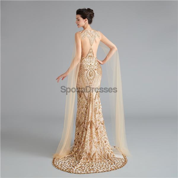 Col en V Unique Manches Sirène à Paillettes Soirée, Robes de Bal, Soirée Robes de Bal, 12118