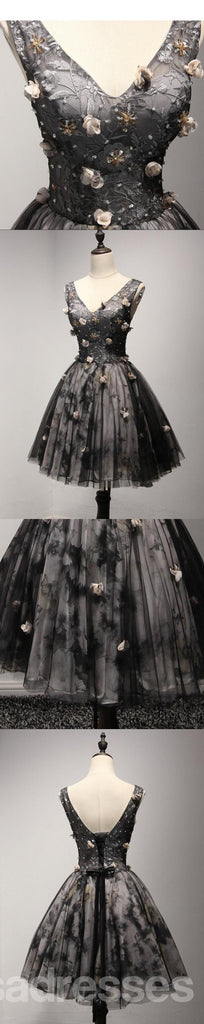 V decote vestidos de baile para os estudantes de regresso para casa de cadarço pretos curtos, pouco vestido posterior, CM205
