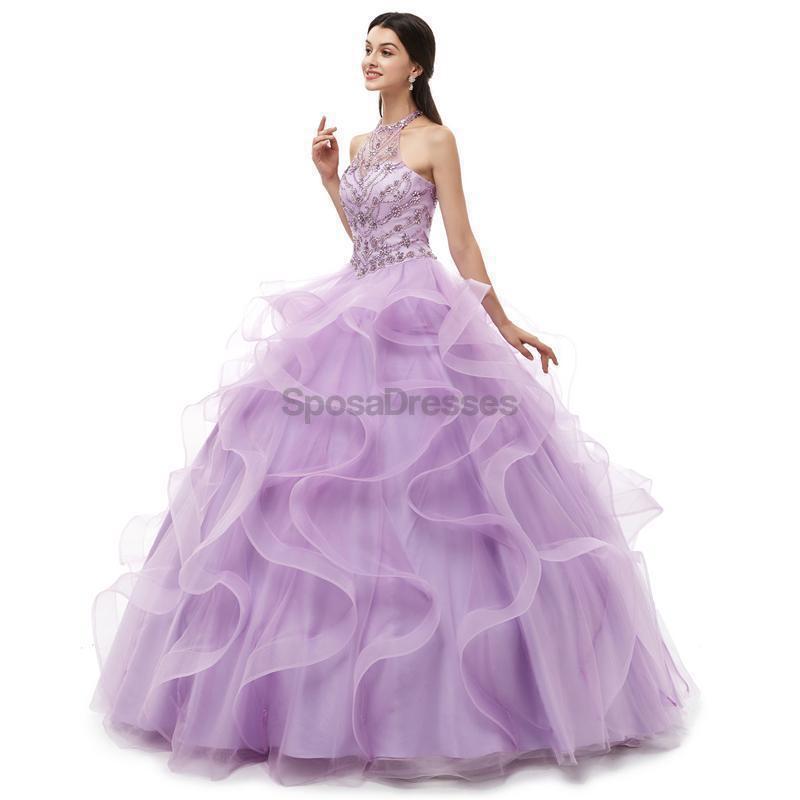 Halter lilas robes de Quinceanera perlées lourdes, robes de bal de soirée, 12101