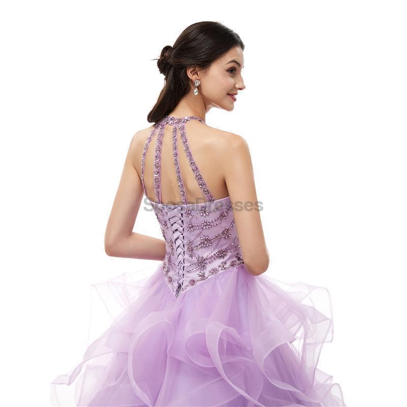 Halter lilas robes de Quinceanera perlées lourdes, robes de bal de soirée, 12101