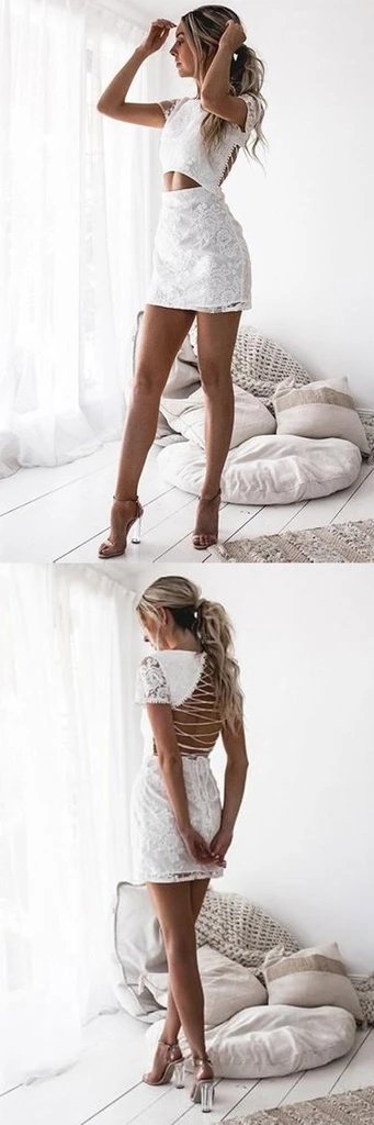 Κοντά Μανίκια Από Λευκό Lace Short Homecoming Φορέματα Σε Απευθείας Σύνδεση, Φθηνά Σύντομες Φορέματα Prom, CM841