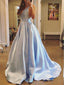 Disponível Simples V Pescoço Uma linha Cetim Azul-claro Vestidos de Baile para os estudantes da Tarde Longos, 17463