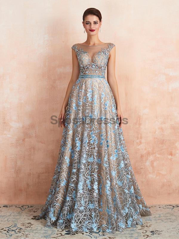 Cap Sleeves See Through Beaded A-Line Long Prom Dresses, Evening Party Prom Vestidos, 12137Mais informações