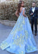 Off Shoulder V Neck Backless Light Blue A-line Floor Length Custom Long Evening Prom Dresses, 17385