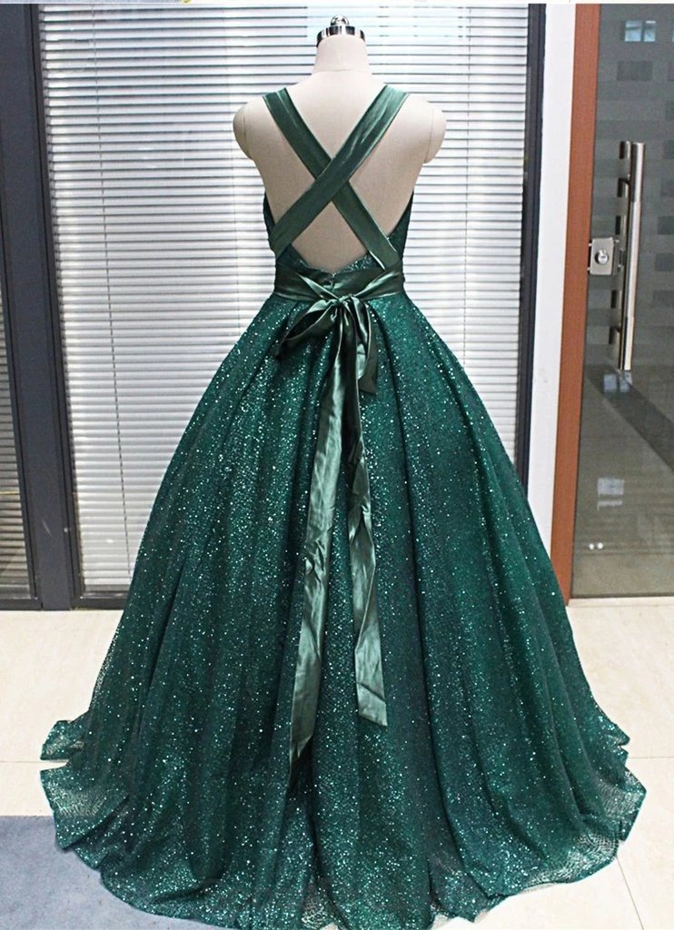 Esmeralda Verde V Pescoço Sparkly Ball Vestido Baratos Noturnos Baile De Formatura, Vestidos De Baile Da Noite Festa, 12156