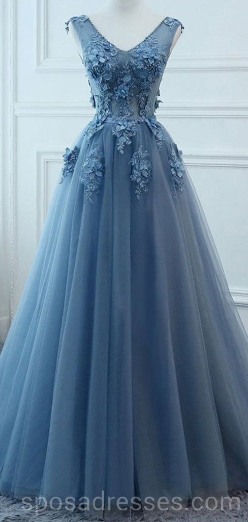 V Neck Dusty Blue Lace Beaded Long Evening Prom Dresses, Φτηνές Custom Φορέματα Prom Party, 18585