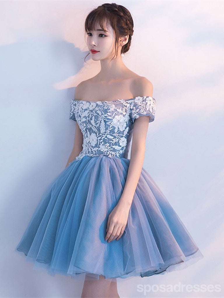 Baratos Azul Fora de Ombro Laço Bonito Vestidos de Regresso a casa, CM446