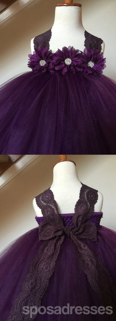 La demoiselle d'honneur de tulle de lacet pourpre s'habille, les jolies petites robes de fille bon marché, FG026