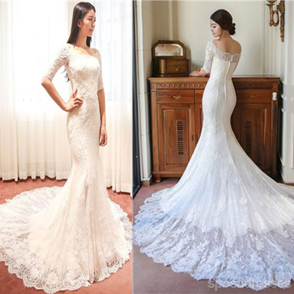 Lindo Off Ombro Meia Manga Popular Sereia Vestidos de Noiva, WD0144