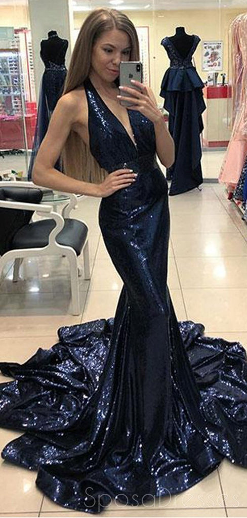 Sparkly Sequin Mermaid Navy Halter Long Evening Prom Dresses, Cheap Sweet 16 Vestidos, 18439