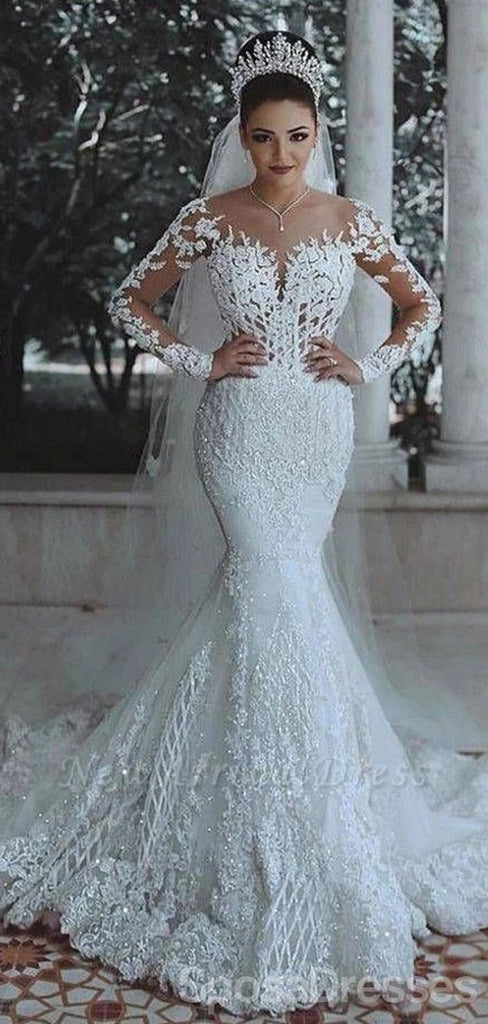 Μακριά μανίκια δαντέλα beaded γοργόνα νυφικά σε απευθείας σύνδεση, φτηνά μοναδικά νυφικά φορέματα, WD600