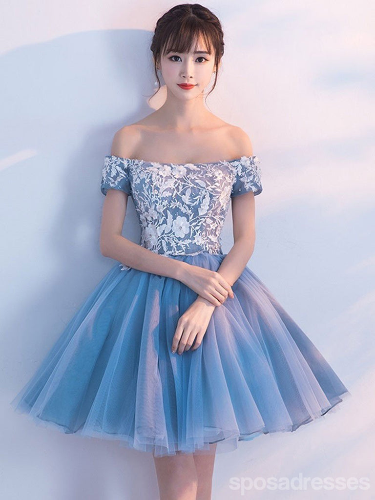 Baratos Azul Fora de Ombro Laço Bonito Vestidos de Regresso a casa, CM446