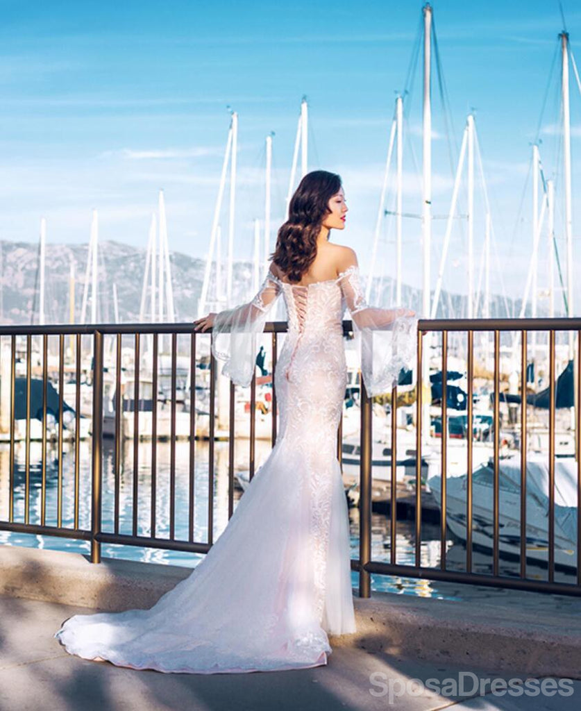 Off The Shoulder Long Sleeves Mermaid Wedding Dresses, Cheap Wedding Gown, WD711