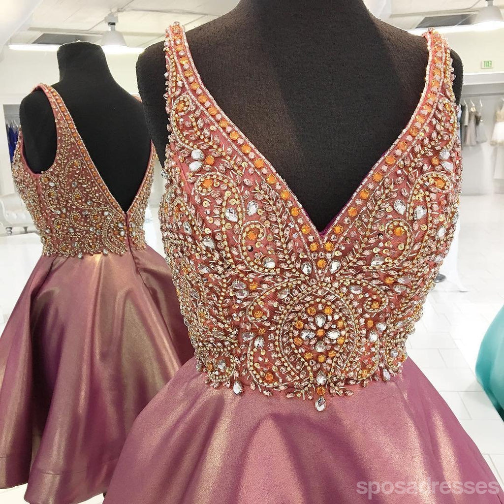 Sem encosto de Pescoço de V muito Frisado Rosa Empoeirado Vestidos de Regresso a casa, CM449