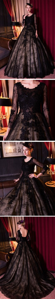 Pescoço de pá de cadarço de tule preto especial manga longa alinha vestidos de casamento, WD166