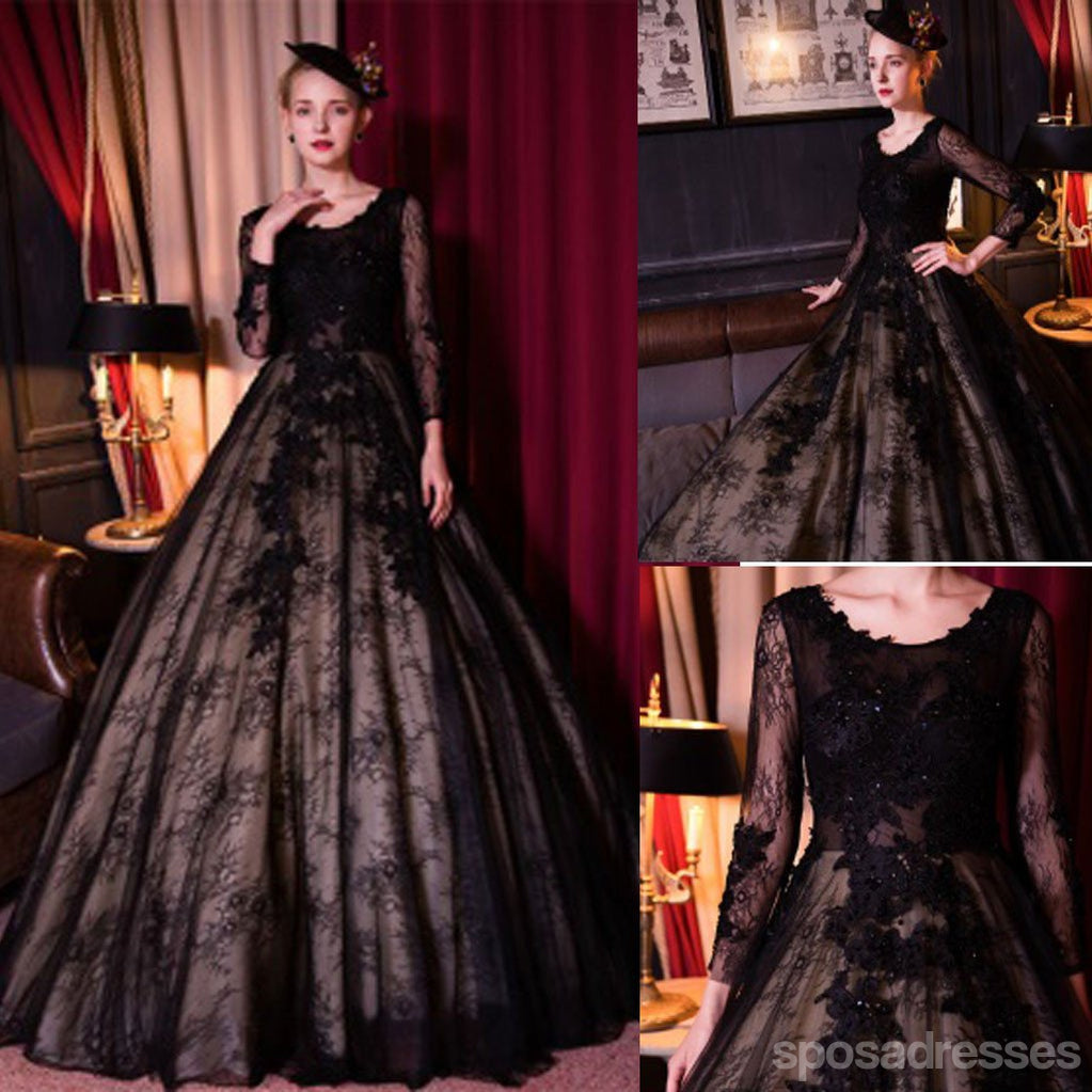 Pescoço de pá de cadarço de tule preto especial manga longa alinha vestidos de casamento, WD166