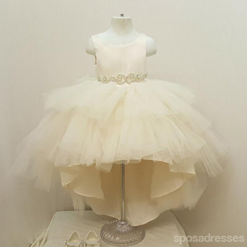 Ivoire Satin Haut de Strass Ceinture Hi-low Tulle Robes de Fille de Fleur, pas Cher Peu de Robes de Fille de, FG028