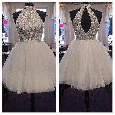Halter Προκλητικός Ανοίξτε πίσω το Λευκό homecoming prom φορέματα, CM0005