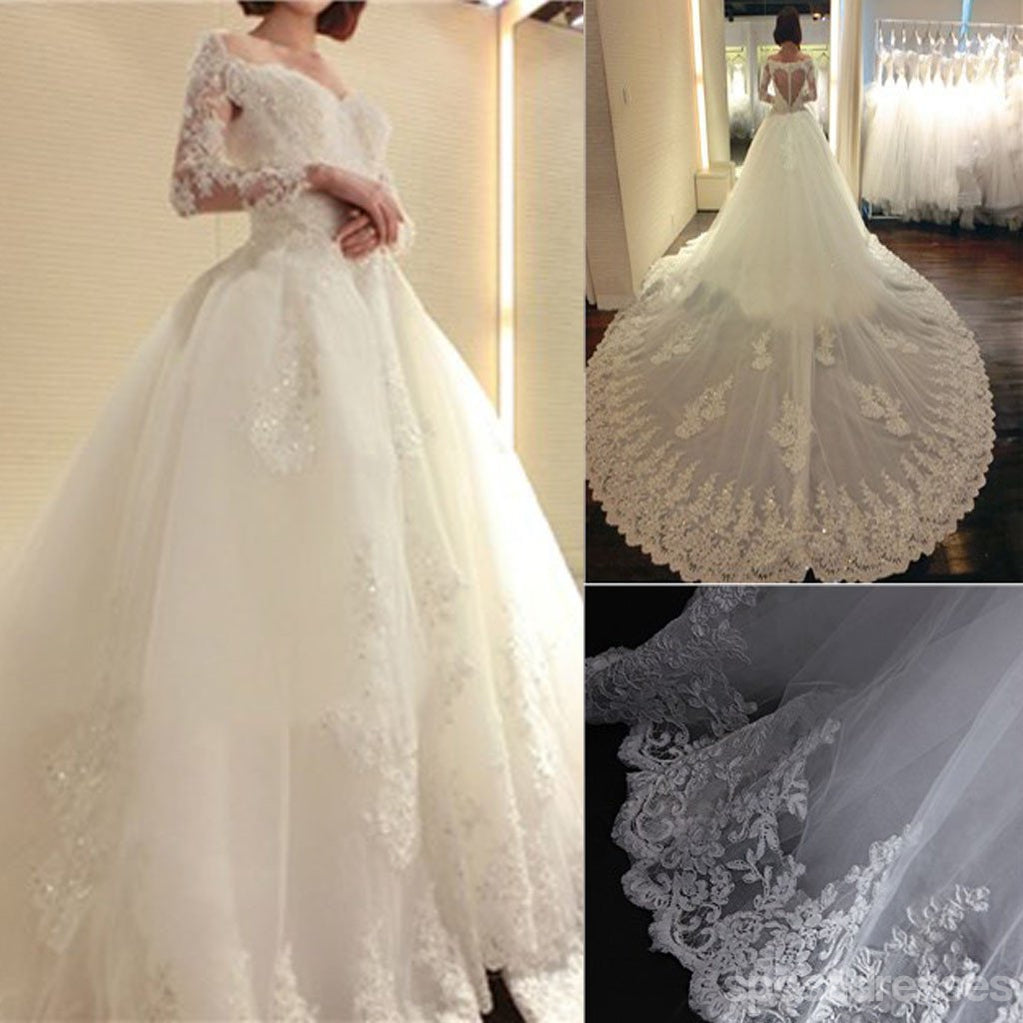 Atordoando manga longa vestidos de casamento de cadarço de vestido de bola de desenho únicos, WD0179