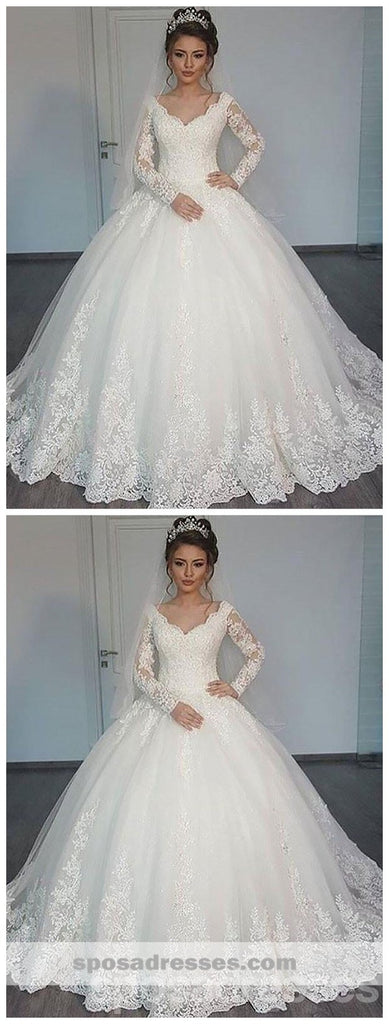 Longues robes de mariée de robe de boule de lacet de manches robes de noce de lacet en ligne, bon marché, WD447