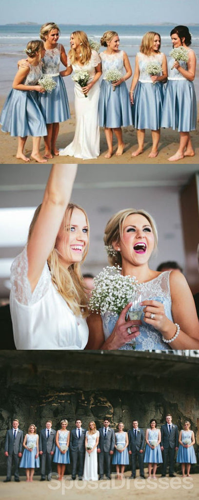 Popular Junior Pretty Blue Satin White Lace Short Bridesmaid Dresses para Summer Beach Wedding Party, WG181