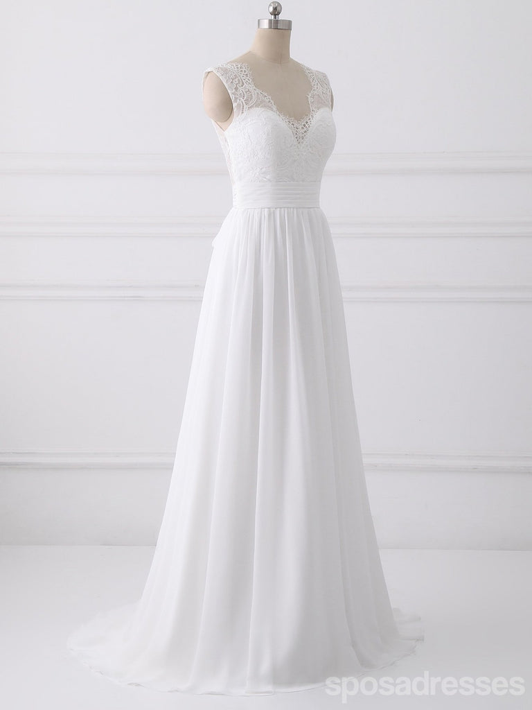 V Neck Lace Straps Simple Custom Φορέματα Γάμου Παραλίας, WD317