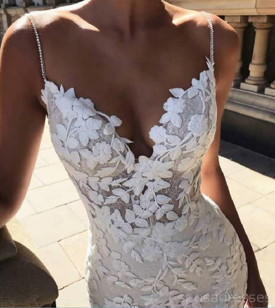 Δείτε μέσω λουριών σπαγγέτι Lace γοργόνα φθηνά νυφικά σε απευθείας σύνδεση, φθηνά νυφικά Lace, WD470
