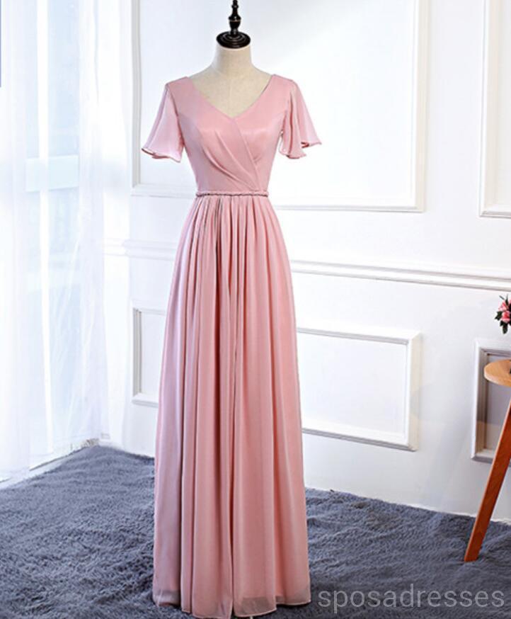 Robe de demoiselle d'honneur en mousseline de soie rose pâle à longueur de plancher abordable, WG536