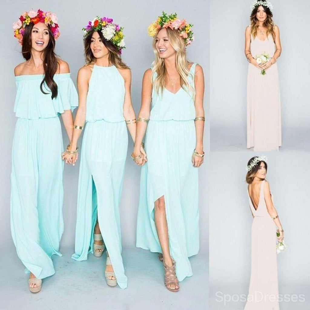 Pretty Young Junior Mint ακατάλληλα διαφορετικά στυλ Side Split Σιφόν φθηνά μακρά φορέματα παράνυμφων, WG197