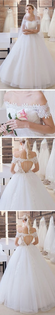 Vantagem de ombro topo de cadarço de manga curto abre vestidos de casamento de tule posteriores, WD0197
