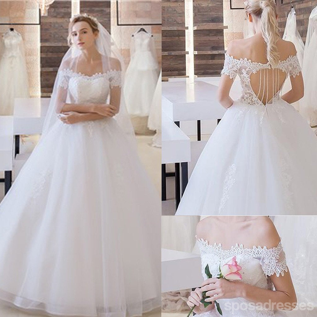 Vantagem de ombro topo de cadarço de manga curto abre vestidos de casamento de tule posteriores, WD0197