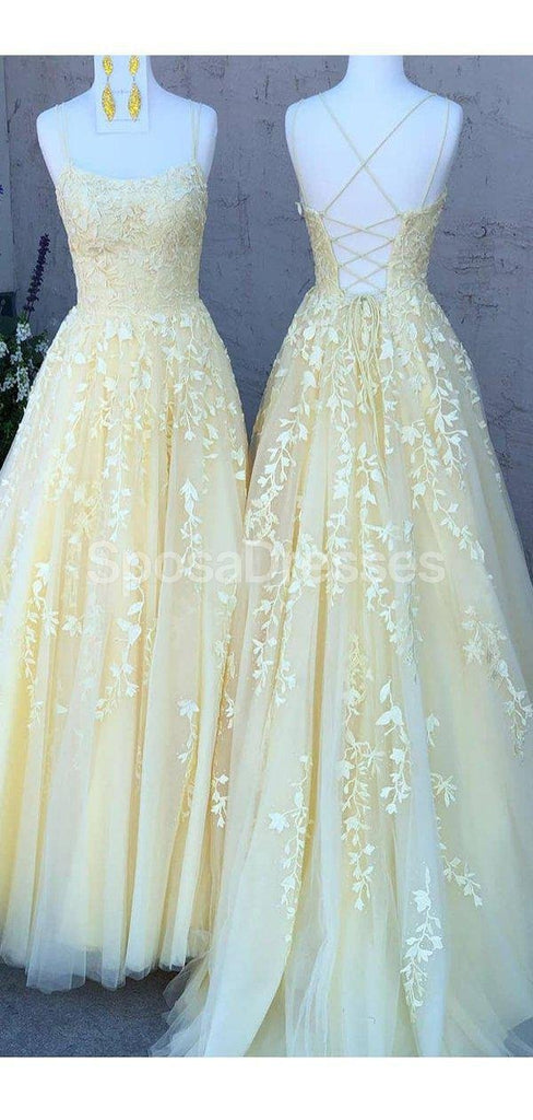 Κίτρινο Lace Applique Φορτωμένο Βραδινά Χορός Χορός, Βραδινά Κόμμα Prom Φορέματα, 12272