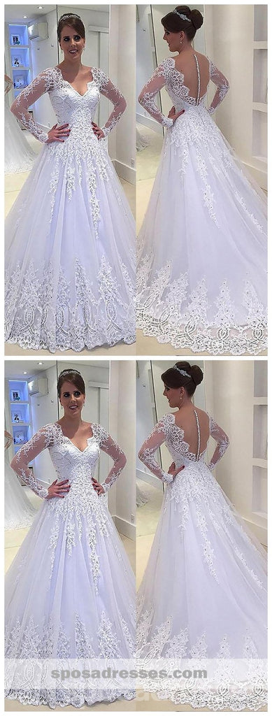Manches longues Blanc A-ligne de Robes de Mariage en Ligne, Sexy Voir à Travers la Dentelle Robes de Mariée, WD449
