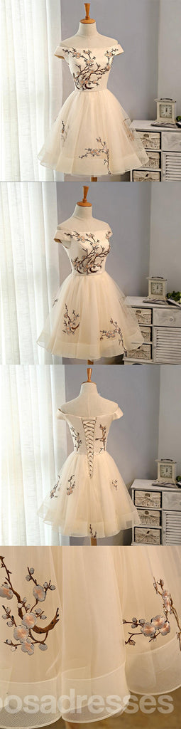 Από τον Ώμο Ευθεία Neckline Κεντητικής Τουλιού Short Homecoming Prom Φορέματα, CM361