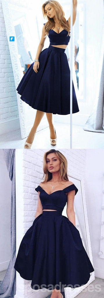Δύο Κομμάτια Από τον Ώμο Ναυτικό Μπλε Homecoming Prom Φορέματα, Φτηνές Φορέματα Homecoming, CM358