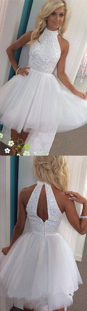 Halter Προκλητικός Ανοίξτε πίσω το Λευκό homecoming prom φορέματα, CM0005