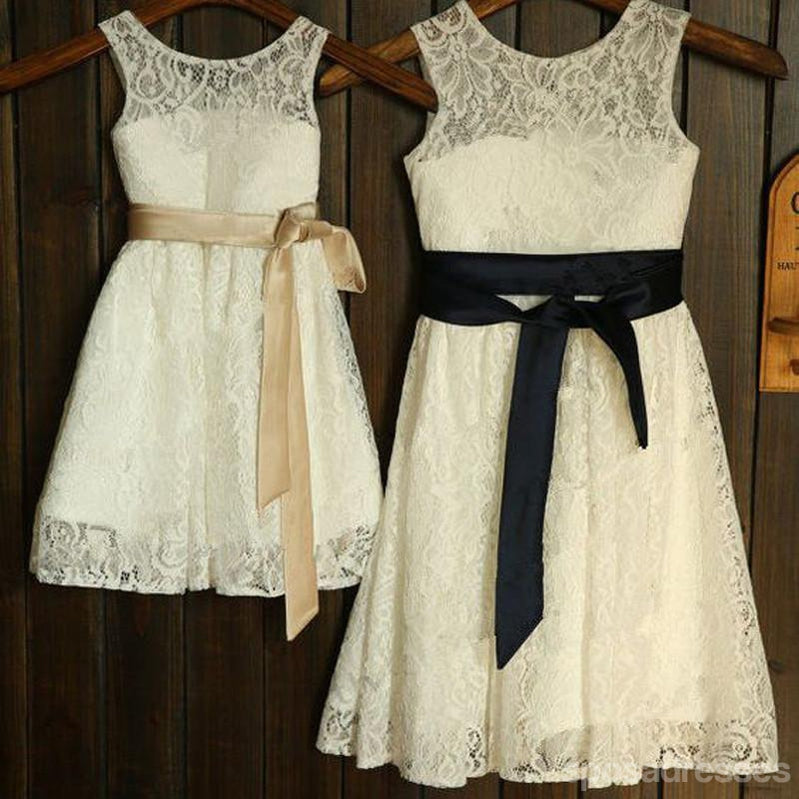 Γύρω από το Λαιμό Lace Long Μια γραμμή Λουλούδι Κορίτσι Φορέματα Με τη Ζώνη, FG008