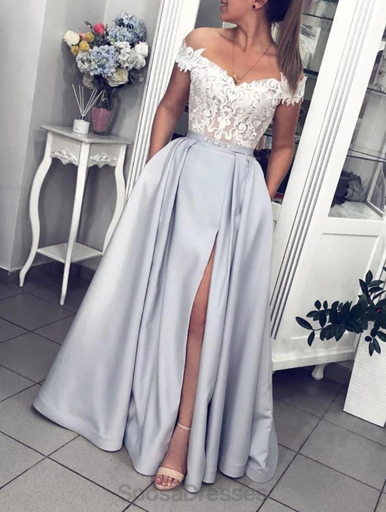 Off Shoulder Silver Grey Side Slit Evening Prom Dresses, Evening Party Prom Dresses, 12144
